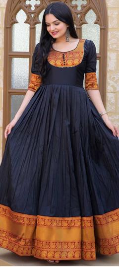 Party Wear Black and Grey color Gown in Silk fabric with Anarkali Weaving work : 1869086