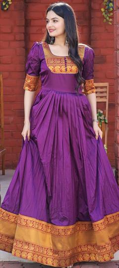 Party Wear Purple and Violet color Gown in Silk fabric with Anarkali Weaving work : 1869089
