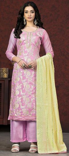 Party Wear Pink and Majenta color Salwar Kameez in Banarasi Silk fabric with Palazzo, Straight Thread, Weaving work : 1869090