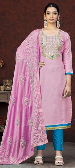 Party Wear Pink and Majenta color Salwar Kameez in Cotton fabric with Straight Embroidered, Thread work : 1869093