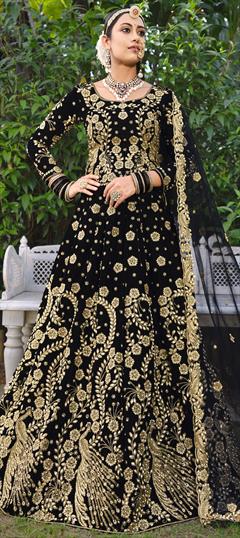 Bridal, Wedding Black and Grey color Lehenga in Velvet fabric with A Line Embroidered, Stone, Thread, Zari work : 1869258