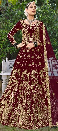 Bridal, Wedding Red and Maroon color Lehenga in Velvet fabric with A Line Embroidered, Stone, Thread, Zari work : 1869263