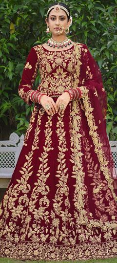 Bridal, Wedding Red and Maroon color Lehenga in Velvet fabric with A Line Embroidered, Stone, Thread, Zari work : 1869267
