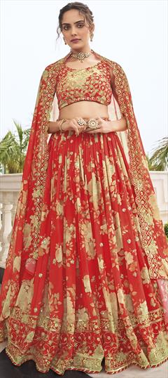 Engagement, Mehendi Sangeet, Reception Red and Maroon color Lehenga in Georgette fabric with A Line Digital Print, Floral, Sequence work : 1869277