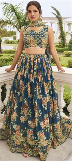 Engagement, Mehendi Sangeet, Reception Blue color Lehenga in Georgette fabric with A Line Digital Print, Floral, Sequence work : 1869278