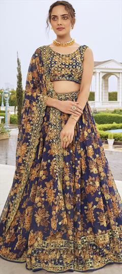 Engagement, Mehendi Sangeet, Reception Blue color Lehenga in Georgette fabric with A Line Digital Print, Floral, Sequence work : 1869281