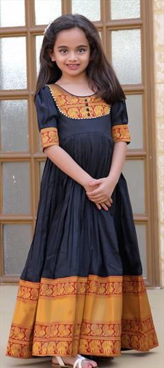 Party Wear Black and Grey color Girls Gown in Silk fabric with Anarkali Weaving work : 1869282