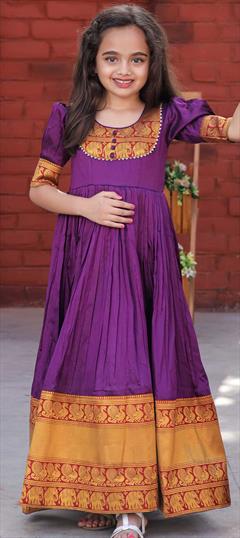 Party Wear Purple and Violet color Girls Gown in Silk fabric with Anarkali Weaving work : 1869285