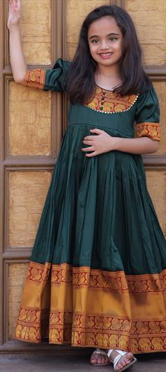 Party Wear Green color Girls Gown in Silk fabric with Anarkali Weaving work : 1869291