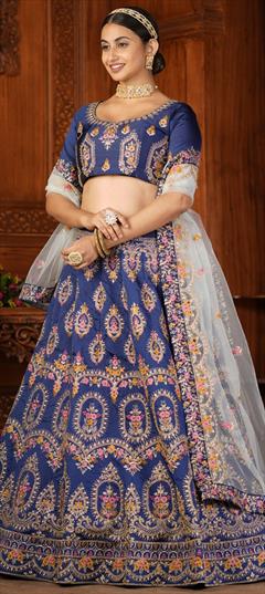 Engagement, Mehendi Sangeet, Wedding Blue color Lehenga in Taffeta Silk fabric with A Line Embroidered, Thread work : 1869361