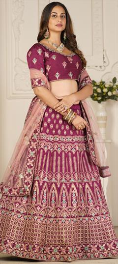 Engagement, Mehendi Sangeet, Wedding Pink and Majenta color Lehenga in Taffeta Silk fabric with A Line Embroidered, Thread work : 1869365