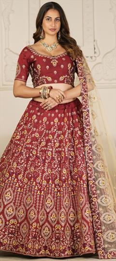 Engagement, Mehendi Sangeet, Wedding Red and Maroon color Lehenga in Taffeta Silk fabric with A Line Embroidered, Thread work : 1869366