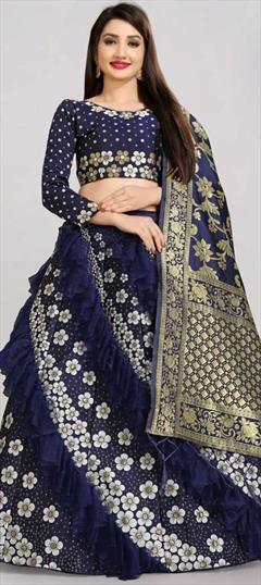Party Wear, Reception Blue color Lehenga in Banarasi Silk, Net fabric with A Line Weaving work : 1869367
