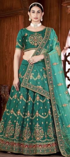 Engagement, Mehendi Sangeet, Wedding Blue color Lehenga in Taffeta Silk fabric with A Line Embroidered, Thread work : 1869369