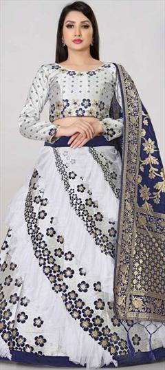 Party Wear, Reception White and Off White color Lehenga in Banarasi Silk, Net fabric with A Line Weaving work : 1869371