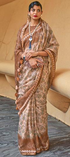 Casual, Traditional Beige and Brown color Saree in Cotton fabric with Bengali Printed work : 1869460