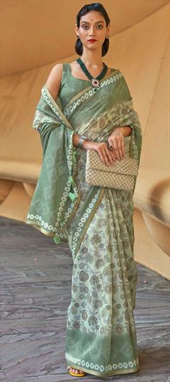 Casual, Traditional Green color Saree in Cotton fabric with Bengali Printed work : 1869463