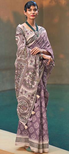 Casual, Traditional Purple and Violet color Saree in Cotton fabric with Bengali Printed work : 1869470