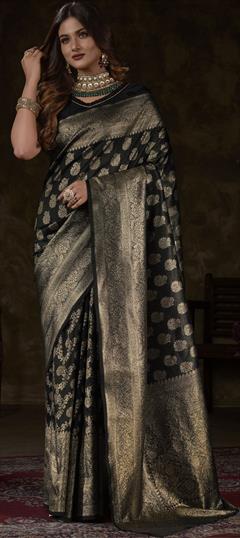 Party Wear, Reception, Traditional Black and Grey color Saree in Kanjeevaram Silk, Silk fabric with South Weaving, Zari work : 1869527