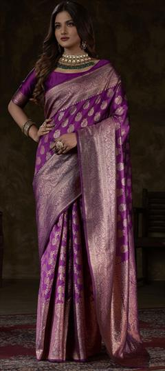 Party Wear, Reception, Traditional Purple and Violet color Saree in Kanjeevaram Silk, Silk fabric with South Weaving, Zari work : 1869529