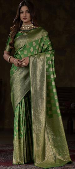 Party Wear, Reception, Traditional Green color Saree in Kanjeevaram Silk, Silk fabric with South Weaving, Zari work : 1869531