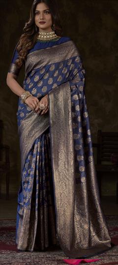 Party Wear, Reception, Traditional Blue color Saree in Kanjeevaram Silk, Silk fabric with South Weaving, Zari work : 1869532