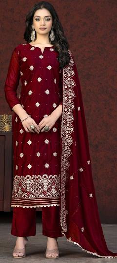 Party Wear, Reception Red and Maroon color Salwar Kameez in Chanderi Silk fabric with Straight Embroidered, Moti, Thread, Zari work : 1869609