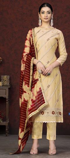 Party Wear, Reception Beige and Brown color Salwar Kameez in Chanderi Silk fabric with Straight Embroidered, Moti, Thread, Zari work : 1869617