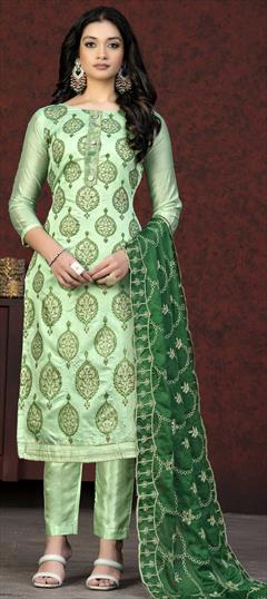 Party Wear, Reception Green color Salwar Kameez in Chanderi Silk fabric with Straight Embroidered, Printed, Thread work : 1869624