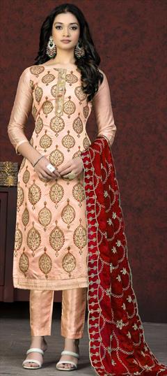Party Wear, Reception Pink and Majenta color Salwar Kameez in Chanderi Silk fabric with Straight Embroidered, Printed, Thread work : 1869626