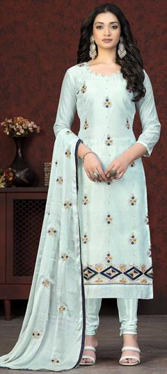 Party Wear, Reception Blue color Salwar Kameez in Chanderi Silk fabric with Straight Embroidered, Stone, Thread, Zari work : 1869656