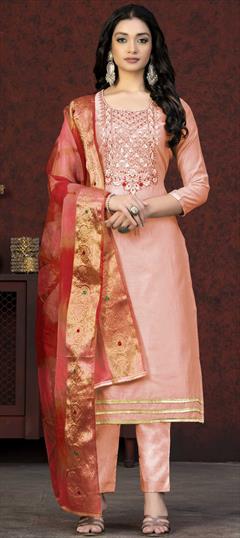 Party Wear, Reception Pink and Majenta color Salwar Kameez in Chanderi Silk fabric with Straight Embroidered, Lace, Resham, Thread work : 1869667