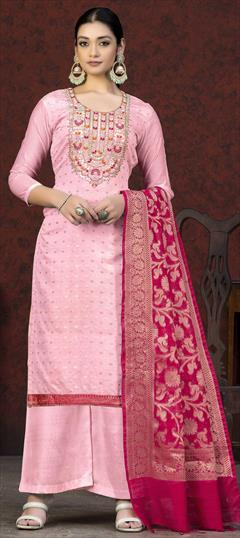 Party Wear, Reception Pink and Majenta color Salwar Kameez in Banarasi Silk fabric with Palazzo, Straight Embroidered, Resham, Sequence, Thread, Zari work : 1869673