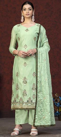 Festive, Party Wear Green color Salwar Kameez in Chanderi Silk fabric with Straight Embroidered, Moti, Thread, Zari work : 1869689