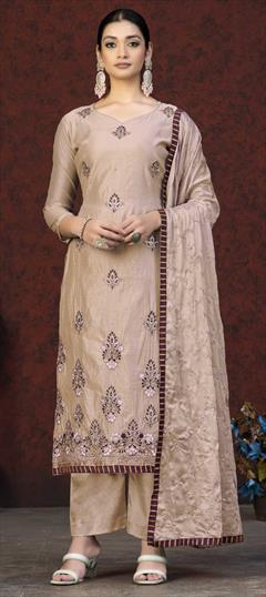 Festive, Party Wear Pink and Majenta color Salwar Kameez in Chanderi Silk fabric with Straight Thread, Zari work : 1869692