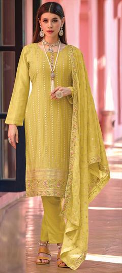 Festive, Reception Gold color Salwar Kameez in Chiffon fabric with Straight Embroidered, Stone, Thread work : 1869733