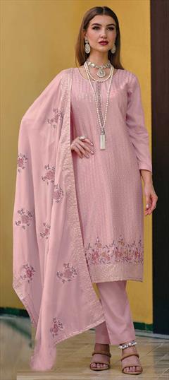 Festive, Reception Pink and Majenta color Salwar Kameez in Chiffon fabric with Straight Embroidered, Stone, Thread work : 1869736