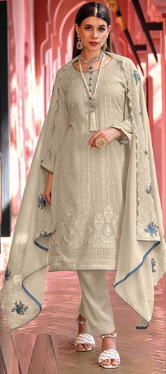 Festive, Reception Beige and Brown color Salwar Kameez in Chiffon fabric with Straight Embroidered, Stone, Thread work : 1869740