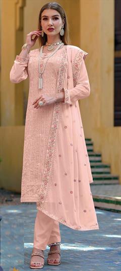 Festive, Reception Pink and Majenta color Salwar Kameez in Chiffon fabric with Straight Embroidered, Stone, Thread work : 1869742