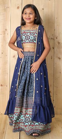 Party Wear Blue color Kids Lehenga in Art Silk fabric with Digital Print, Sequence work : 1869824