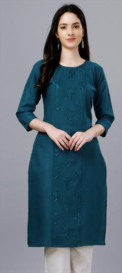 Casual Blue color Kurti in Cotton fabric with Long Sleeve, Straight Embroidered, Resham, Thread work : 1869865