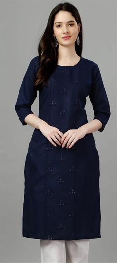 Casual Blue color Kurti in Cotton fabric with Long Sleeve, Straight Embroidered, Resham, Thread work : 1869869