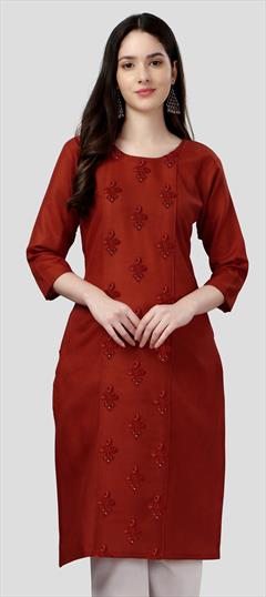 Casual Orange color Kurti in Cotton fabric with Long Sleeve, Straight Embroidered, Resham, Thread work : 1869872