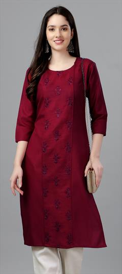 Casual Red and Maroon color Kurti in Cotton fabric with Long Sleeve, Straight Embroidered, Resham, Thread work : 1869874