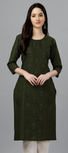 Casual Green color Kurti in Cotton fabric with Long Sleeve, Straight Embroidered, Resham, Thread work : 1869877