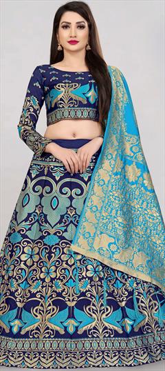 Traditional Blue color Lehenga in Banarasi Silk fabric with Straight Weaving, Zari work : 1869879