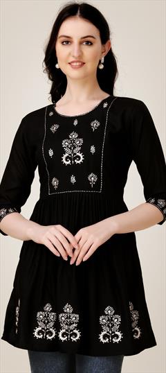 Party Wear Black and Grey color Kurti in Rayon fabric with A Line, Long Sleeve Embroidered, Sequence work : 1869880