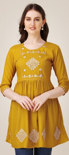 Party Wear Yellow color Kurti in Rayon fabric with A Line, Long Sleeve Embroidered, Sequence work : 1869883