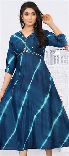 Party Wear Blue color Kurti in Art Silk fabric with Anarkali, Long Sleeve Printed, Resham, Thread work : 1869923