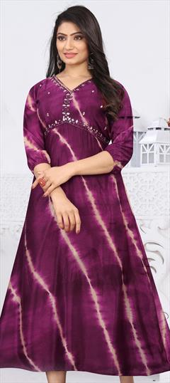 Party Wear Purple and Violet color Kurti in Art Silk fabric with Anarkali, Long Sleeve Printed, Resham, Thread work : 1869924